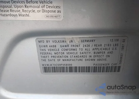 2009 Volkswagen Passat Komfort from USA, damaged, VIN WVWJK73C59P058090